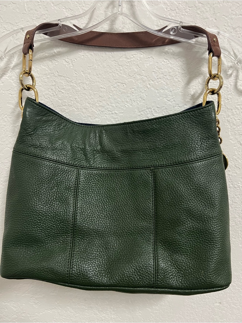 Dark Green Pebbled Leather Shoulder Bag with Gold Chain Accents